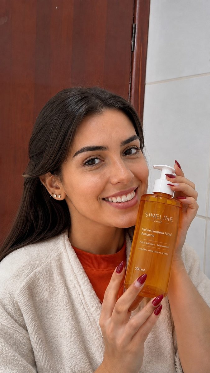 Cliente segurando o Gel de Limpeza Facial Antiacne Sineline 500 ml